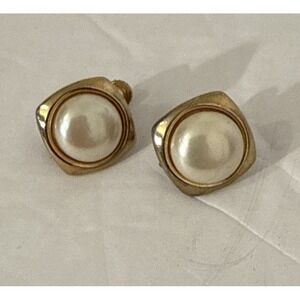 Vintage Clip-On Earrings – Gold Tone Square with Large Faux Pearl-Screw Back